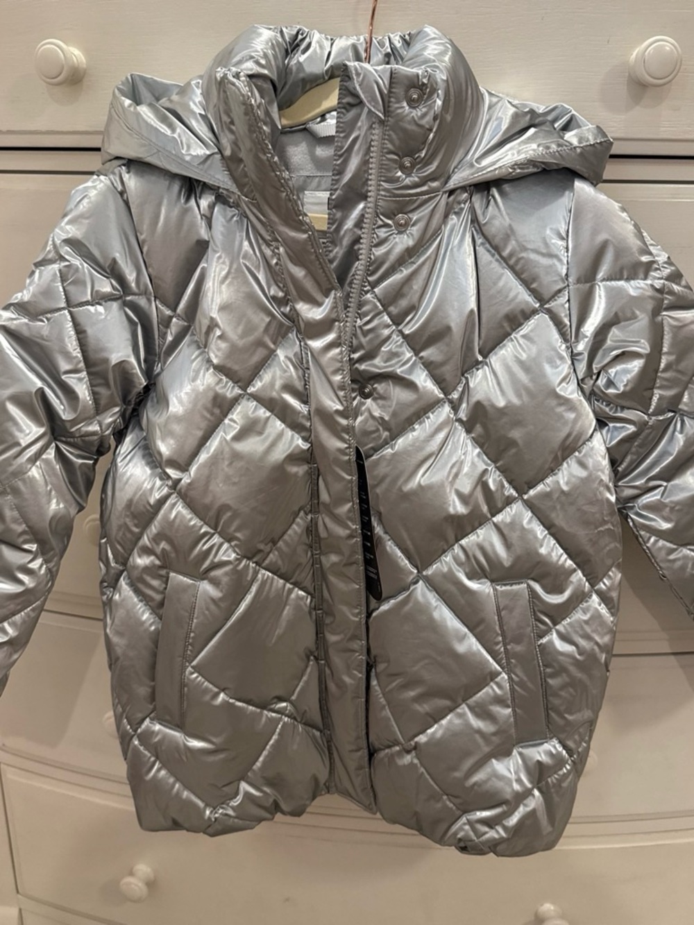 NWT GAP Kids S 6/7 Metallic Silver Hooded Quilted Puffer Jacket Coat